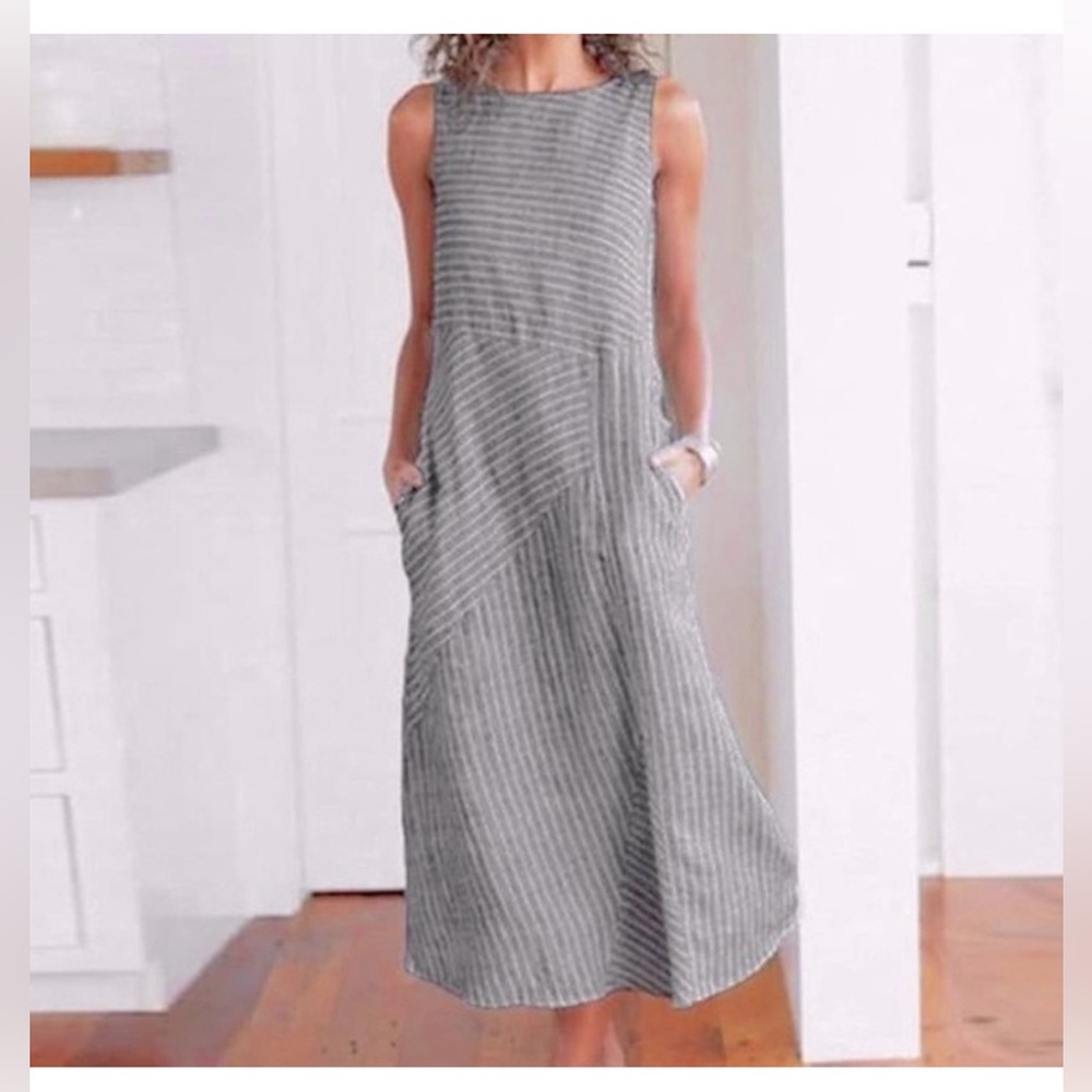 J. Jill 100% Linen Asymmetric Grey White striped Maxi Dress pockets PM EUC